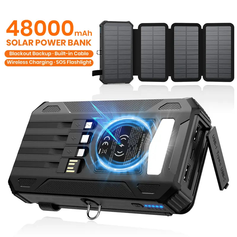 🎁48000mAh Solar Power Bank with Wireless Charging & Built-In Cables