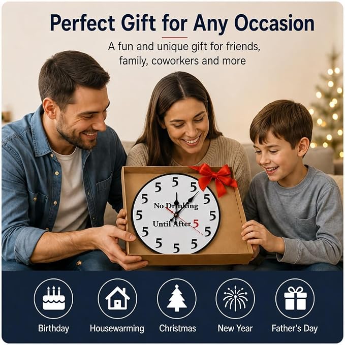 Novelty Silent Non-Ticking Round Wall Clock - Funny "No Drinking Until After 5" Design--8in
