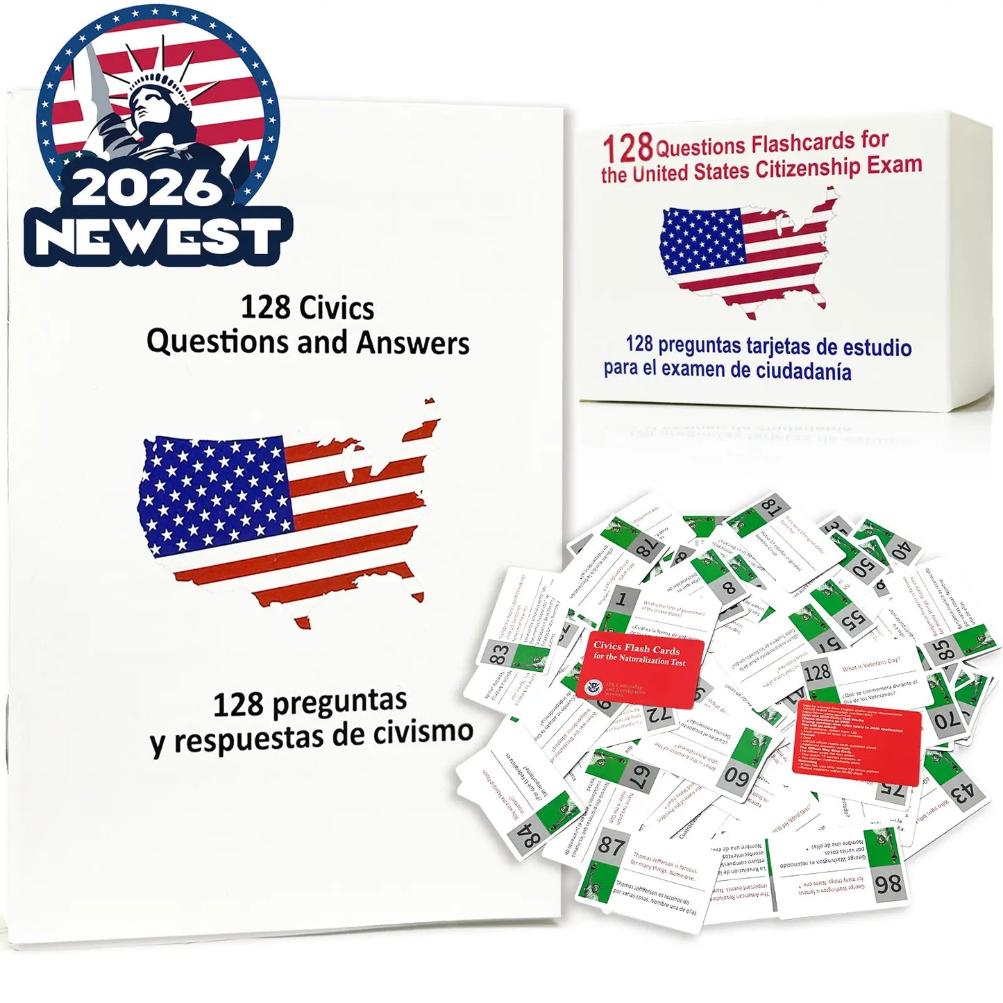 📚 2026 US Citizenship Flash Cards (Spanish/English) – 128 USCIS Questions & Answers by STICQUE