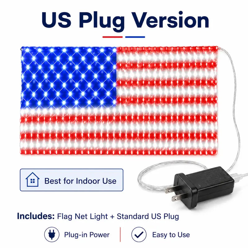 Bright American flag LED mesh light, Waterproof solar-powered outdoor light. Suitable for indoor/outdoor use.