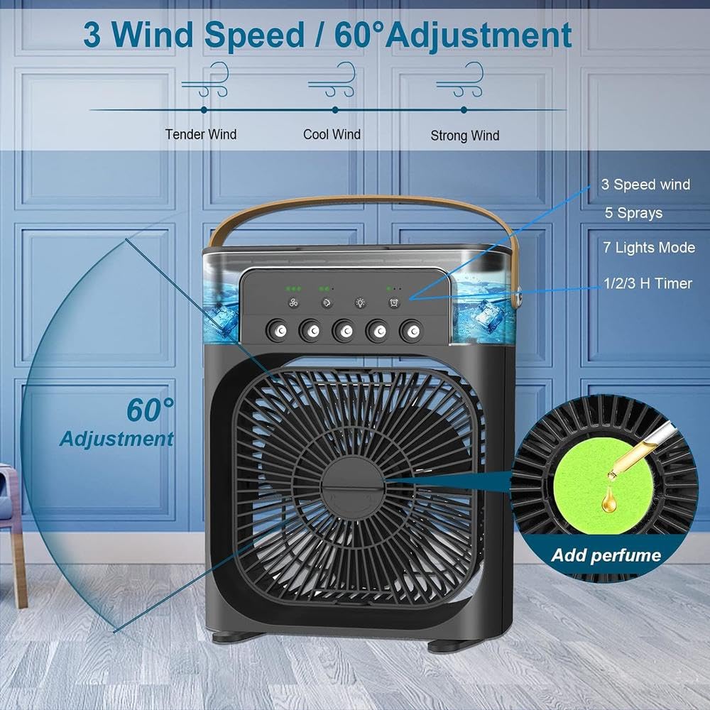3-in-1 Evaporative Cooler Fan, Desktop Mist Humidifier with LED Light USB Powered