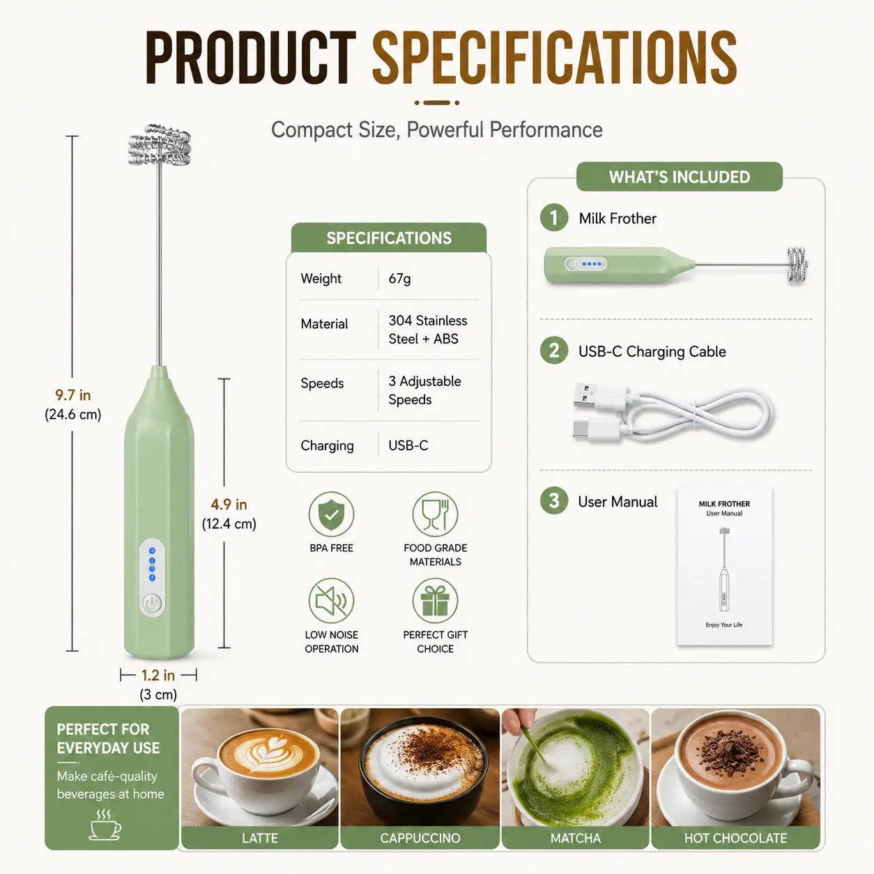 ☕Electric Milk Frother Handheld, USB-C Rechargeable Coffee Frother with 3 Speeds