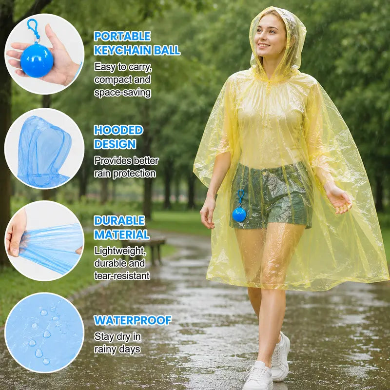 Emergency Waterproof Adult Rain Poncho with Keychain Ball