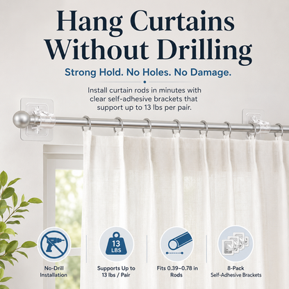 8PCS No-Drill Self-Adhesive Curtain Rod Brackets