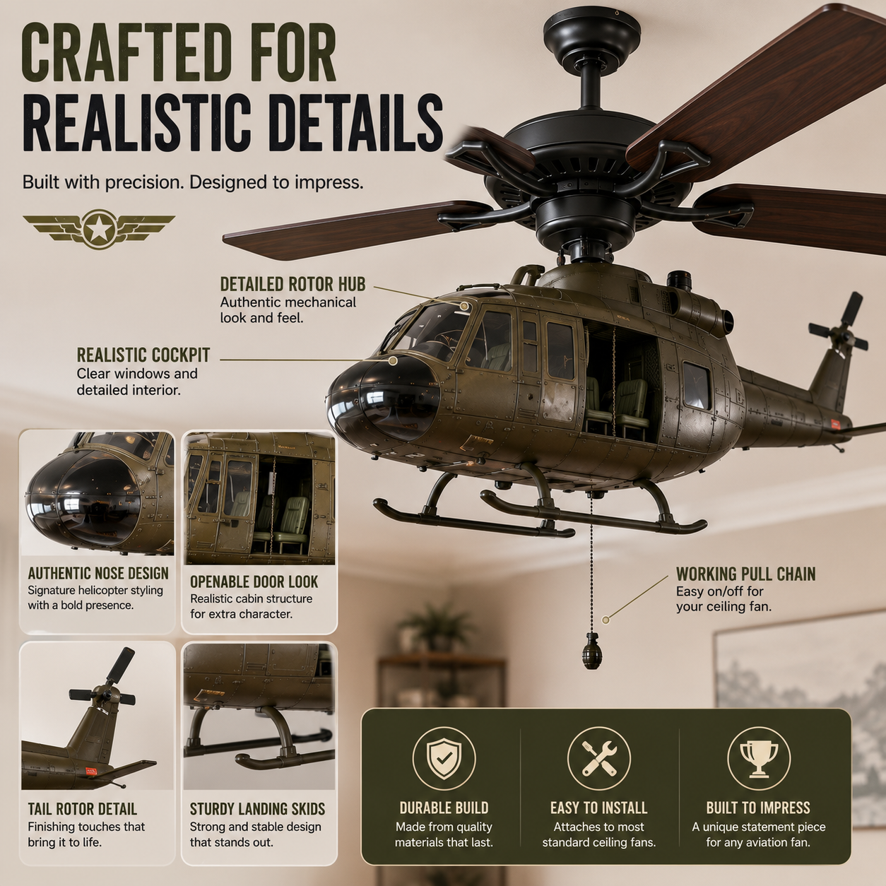 🚁 Military Helicopter Ceiling Fan Decor – Realistic Hanging Ornament for Man Cave & Home