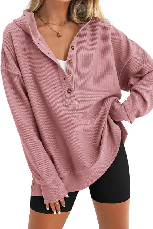 Women's Oversized V-Neck Button Hoodie Pullover