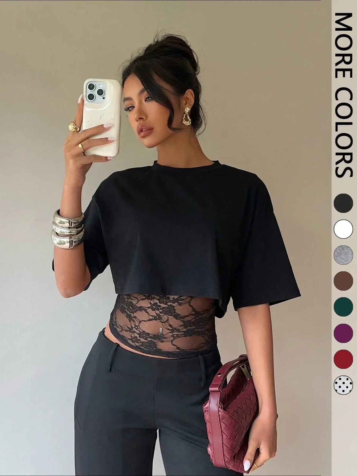 🎉Cropped Short T-shirt with Lace Splicing, Loose Layered Design, Sexy Daily Commute Wear Summer