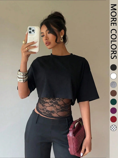 🎉Cropped Short T-shirt with Lace Splicing, Loose Layered Design, Sexy Daily Commute Wear Summer