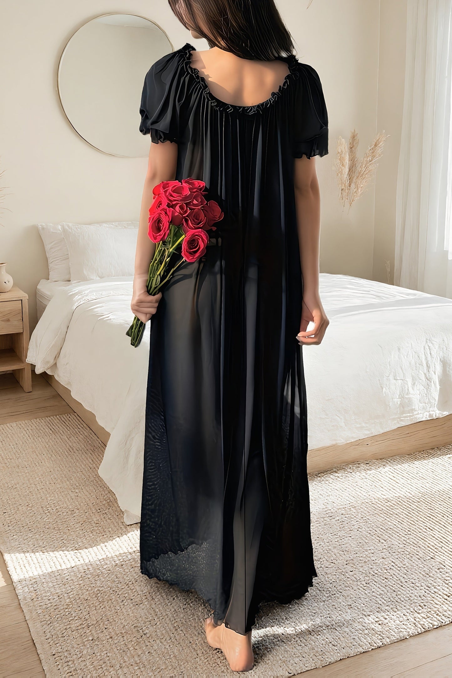 Obsidian Black Sheer Mesh Ruffle Nightgown