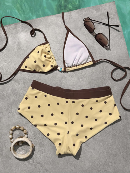 PEPPERMOLLY Women’s 2-Piece Retro Yellow Polka Dot Bikini Set – Y2K Color Block Beachwear & Vacation Outfit