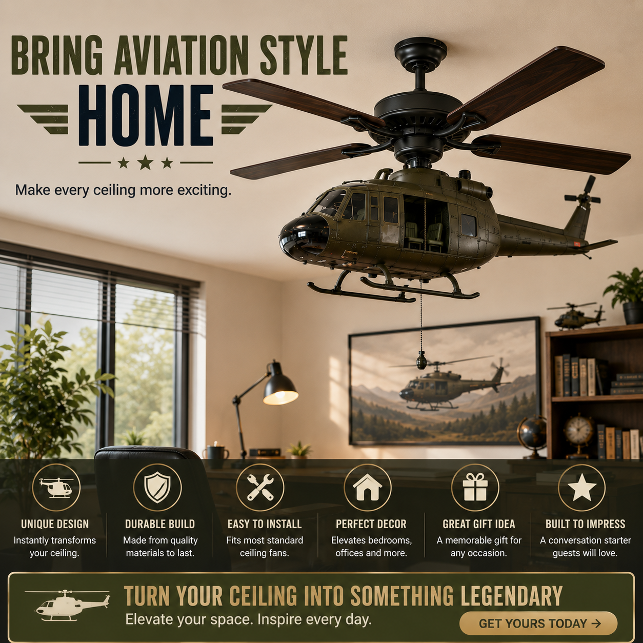 🚁 Military Helicopter Ceiling Fan Decor – Realistic Hanging Ornament for Man Cave & Home