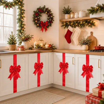 🎁Red Christmas Cabinet Bows &amp; Satin Ribbon Decorations – 4 Pack