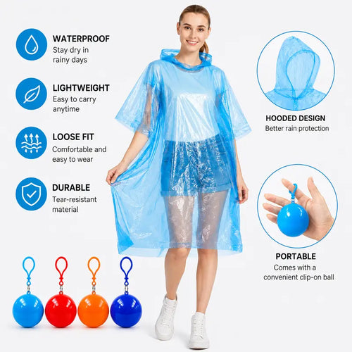 Emergency Waterproof Adult Rain Poncho with Keychain Ball