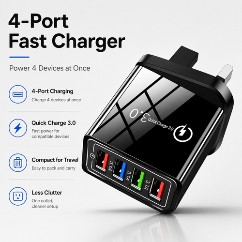 ⚡ 4-Port Quick Charge 3.0 Charger – Power 4 Devices Fast, All from One Outlet