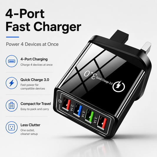 ⚡ 4-Port Quick Charge 3.0 Ladegerät – Vier Geräte schnell laden, alles über eine Steckdose