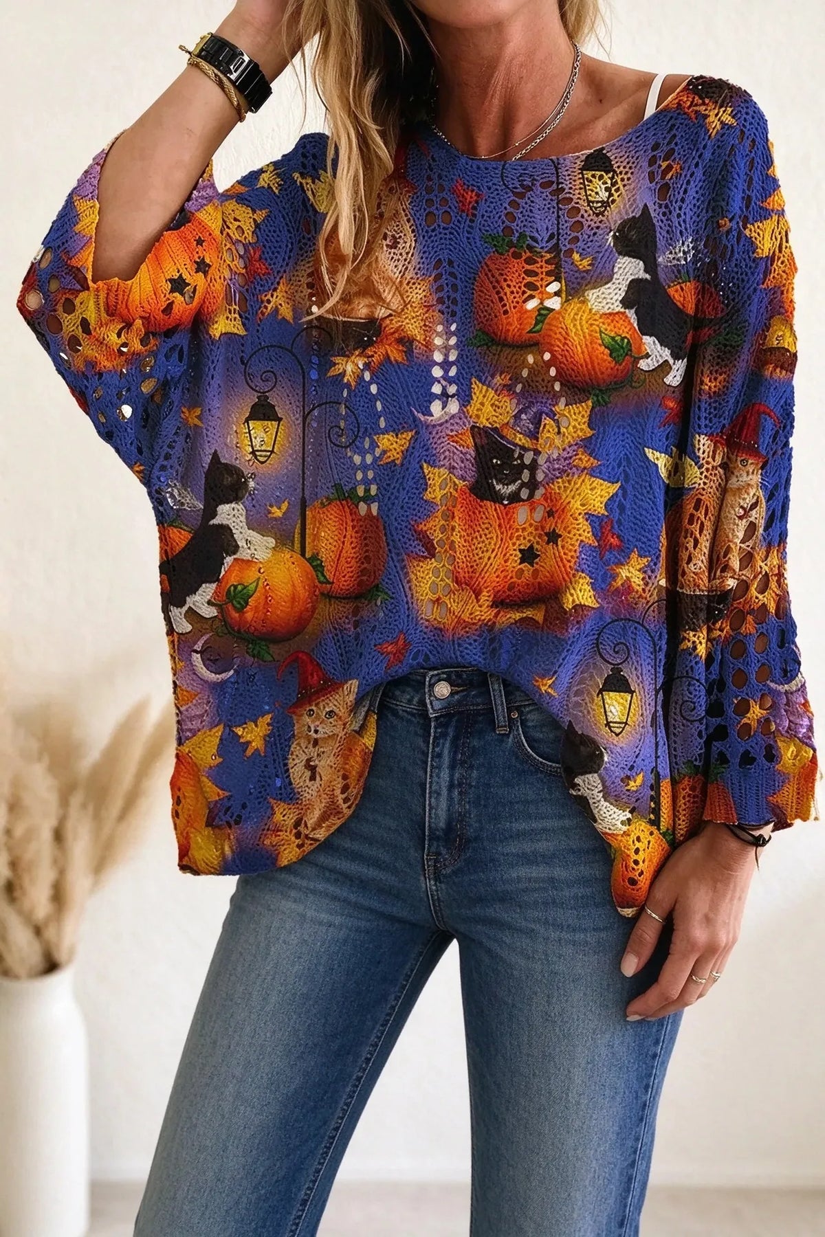 🎁Women’s Halloween Pumpkin Bat Knit Sweater