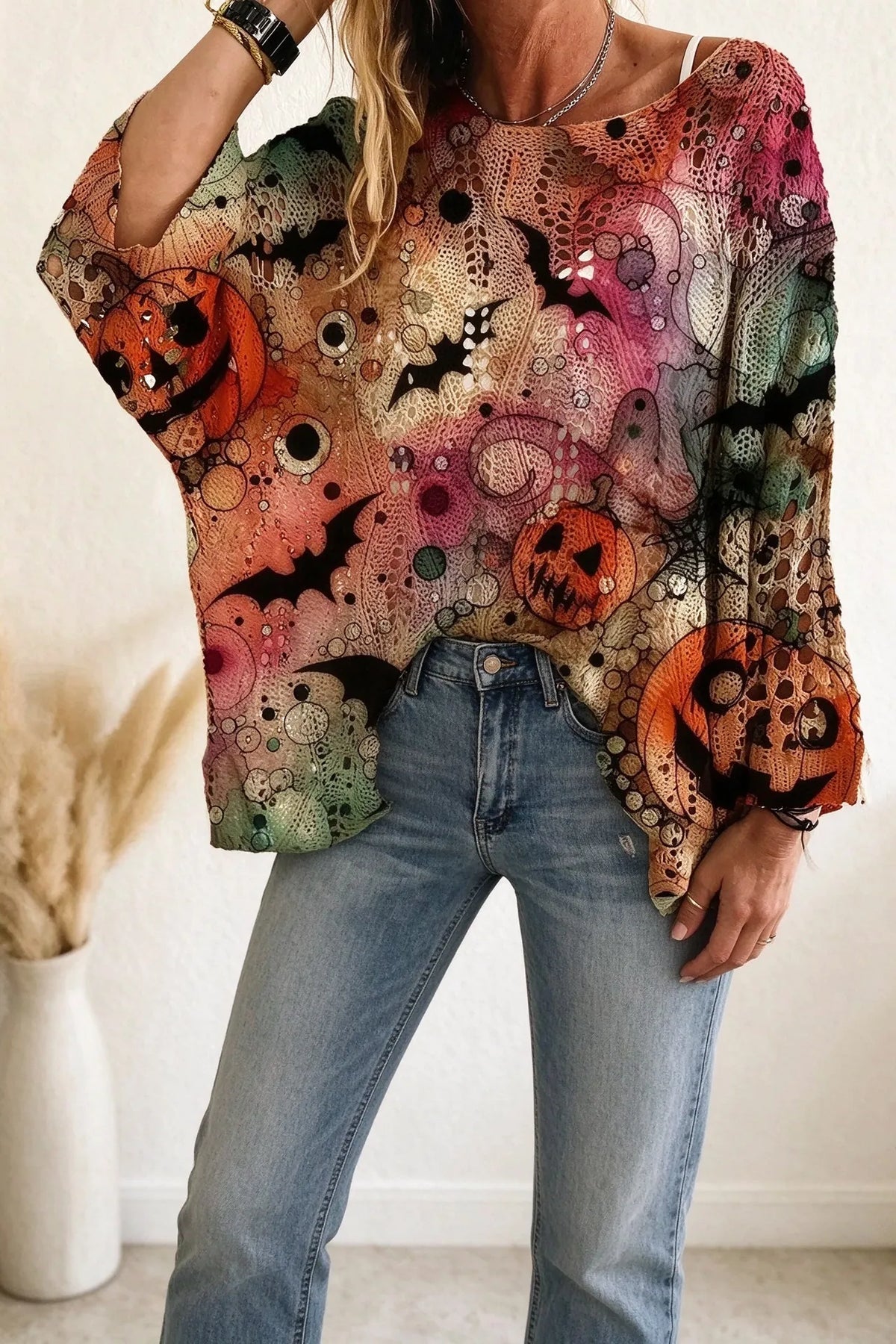 🎁Women’s Halloween Pumpkin Bat Knit Sweater