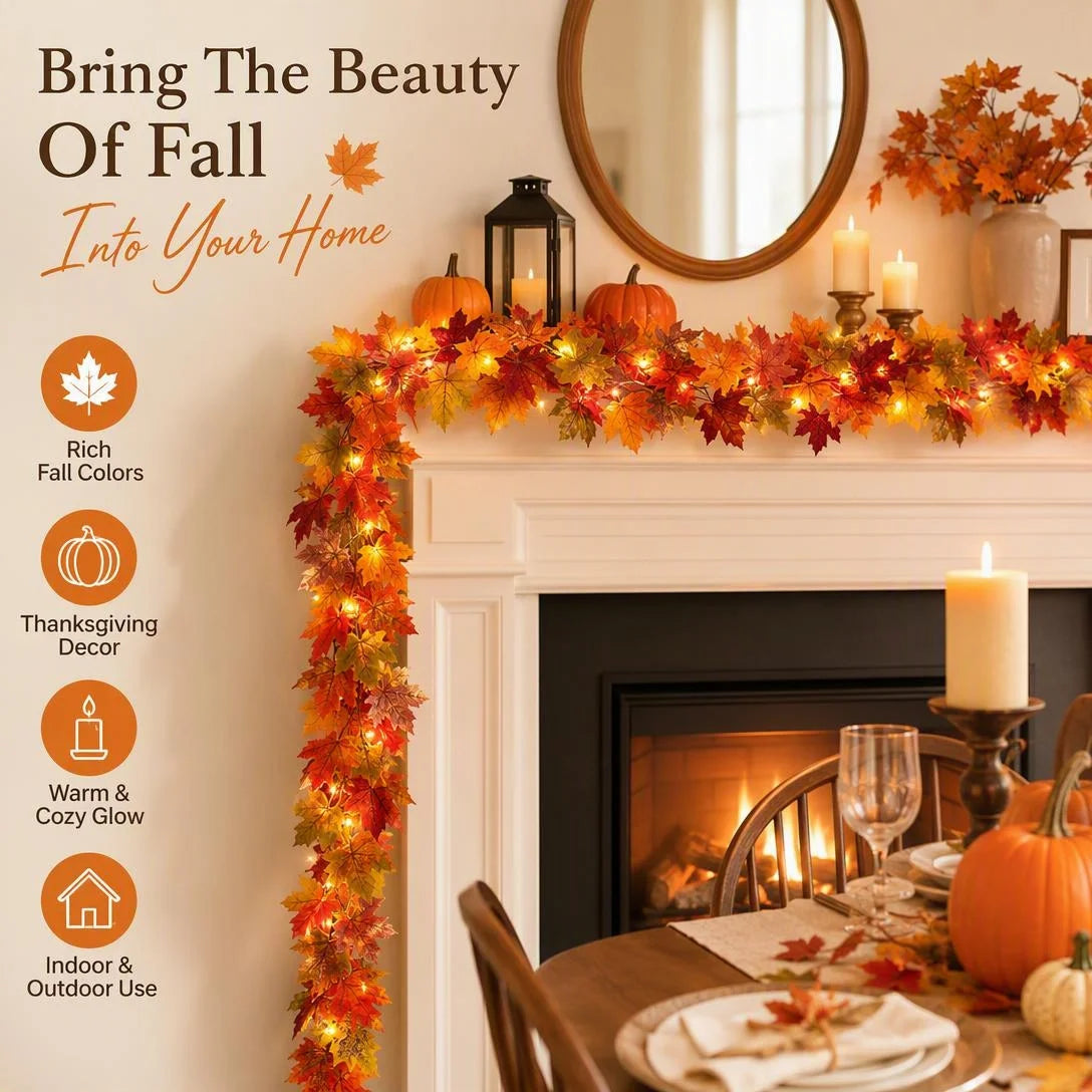 Fall Maple Leaf Lighted Garland For Thanksgiving & Holiday Decor