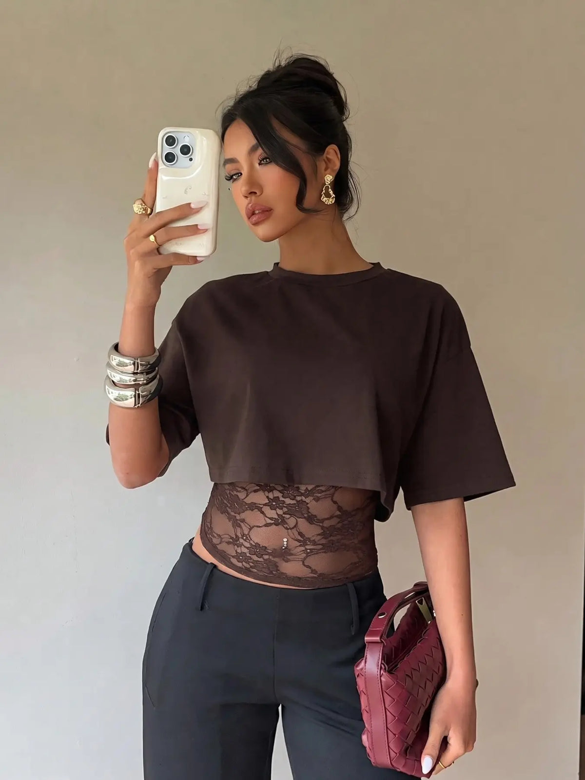 🎉Cropped Short T-shirt with Lace Splicing, Loose Layered Design, Sexy Daily Commute Wear Summer
