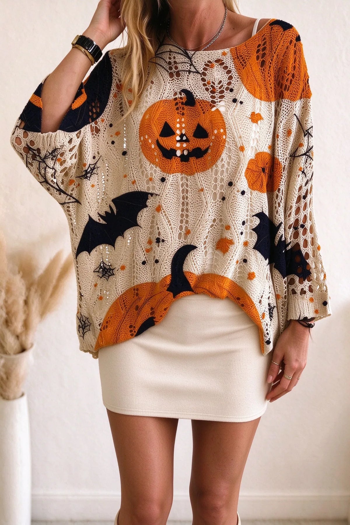 🎁Women’s Halloween Pumpkin Bat Knit Sweater