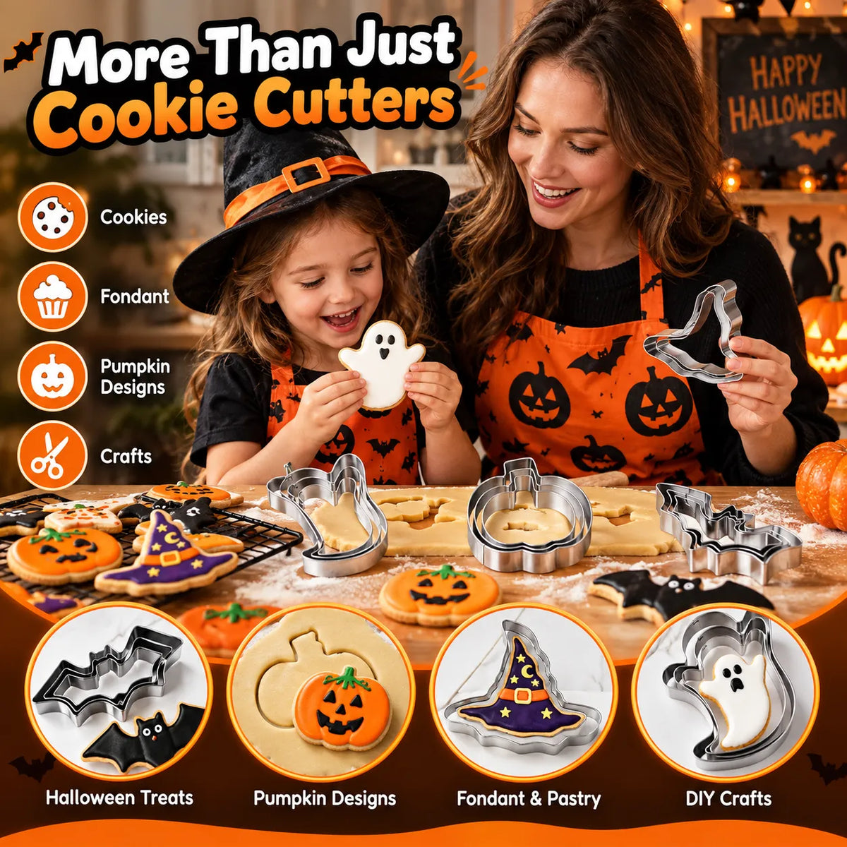 🎁12Pcs Halloween Cookie Cutter Set – Ghost, Witch Hat, Pumpkin & Bat