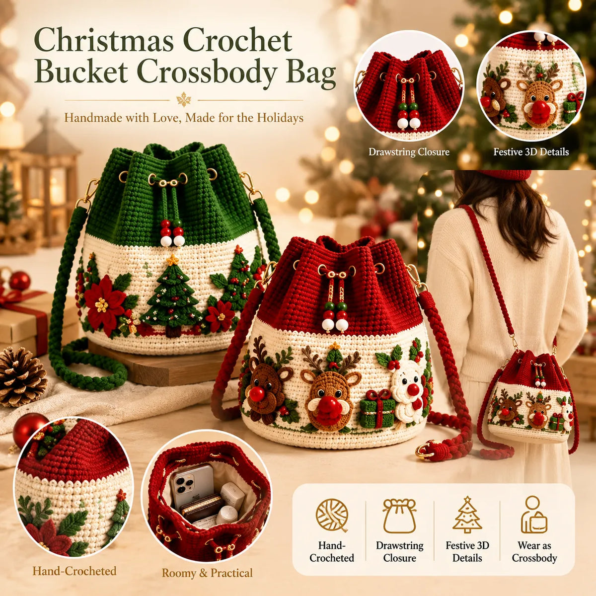 🎁Christmas Crochet Bucket Crossbody Bag – Festive Holiday Handbag