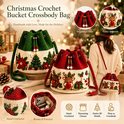 🎁Christmas Crochet Bucket Crossbody Bag – Festive Holiday Handbag