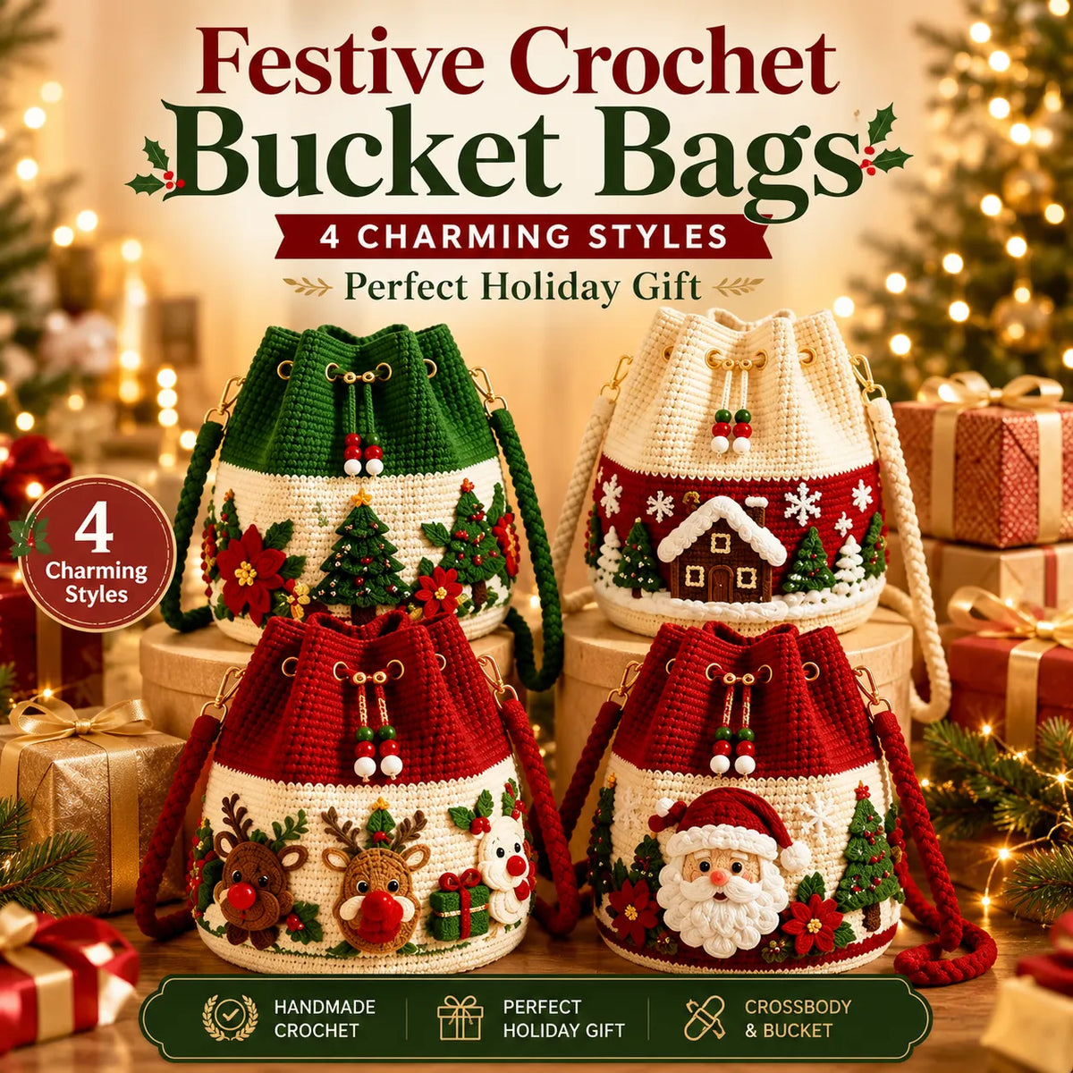 🎁Christmas Crochet Bucket Crossbody Bag – Festive Holiday Handbag