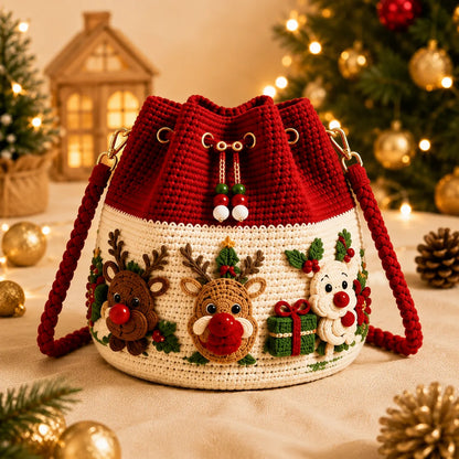 🎁Christmas Crochet Bucket Crossbody Bag – Festive Holiday Handbag