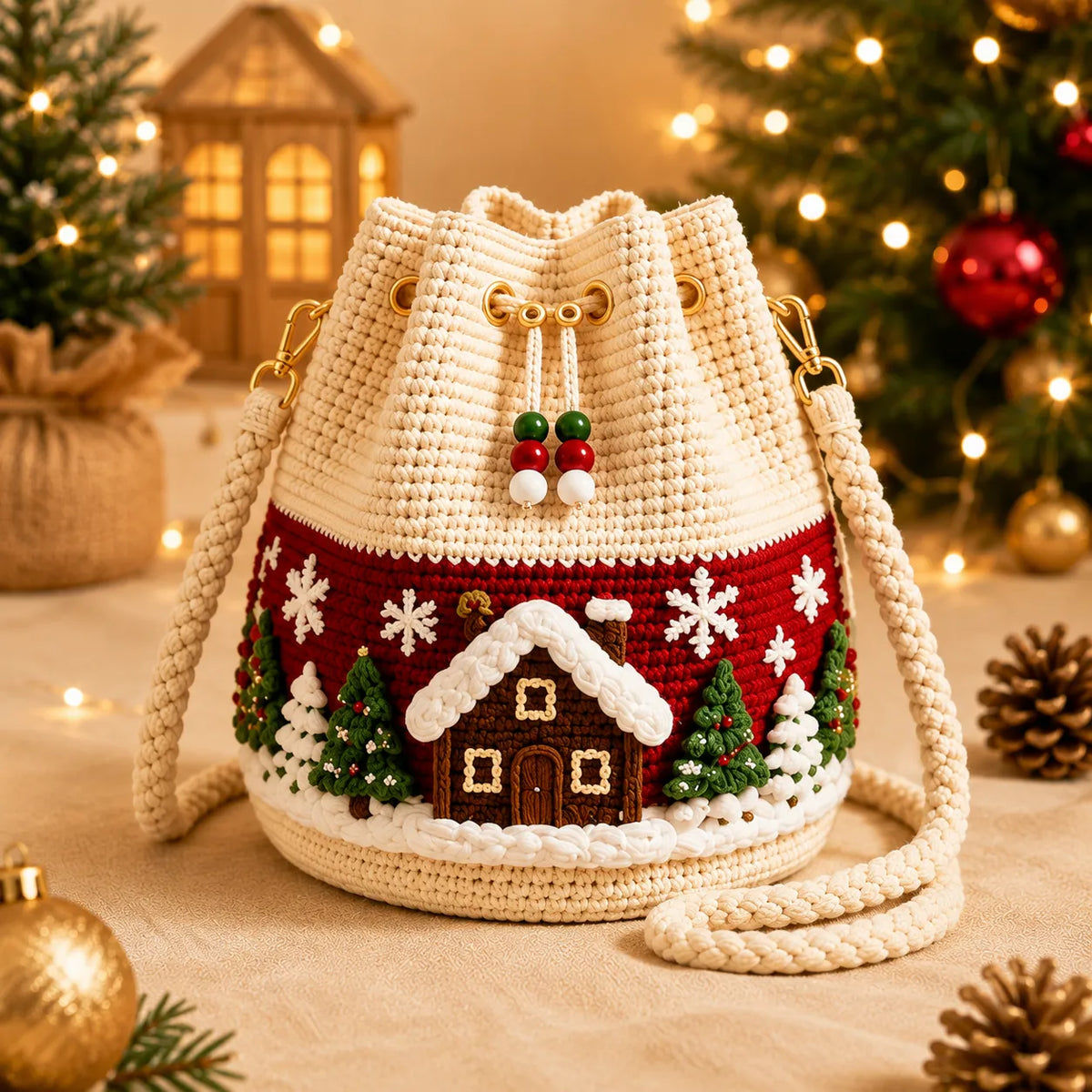 🎁Christmas Crochet Bucket Crossbody Bag – Festive Holiday Handbag