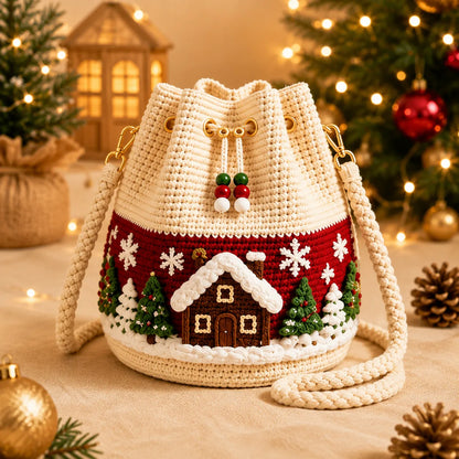 🎁Christmas Crochet Bucket Crossbody Bag – Festive Holiday Handbag