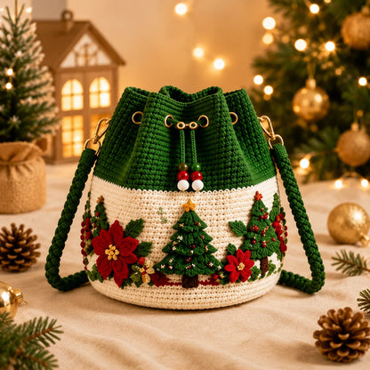 🎁Christmas Crochet Bucket Crossbody Bag – Festive Holiday Handbag