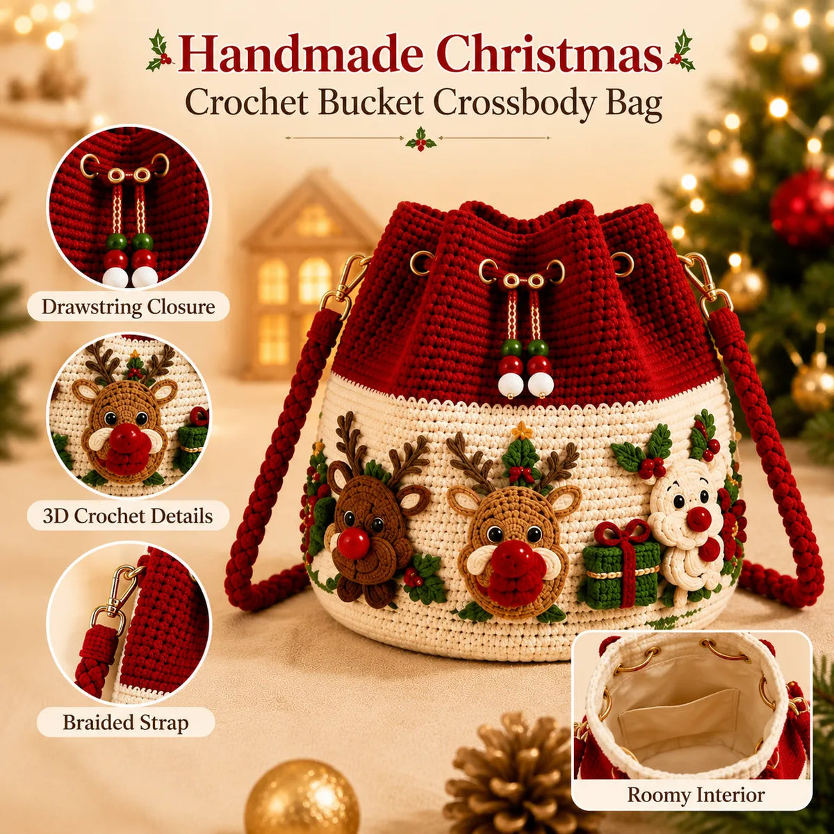 🎁Christmas Crochet Bucket Crossbody Bag – Festive Holiday Handbag
