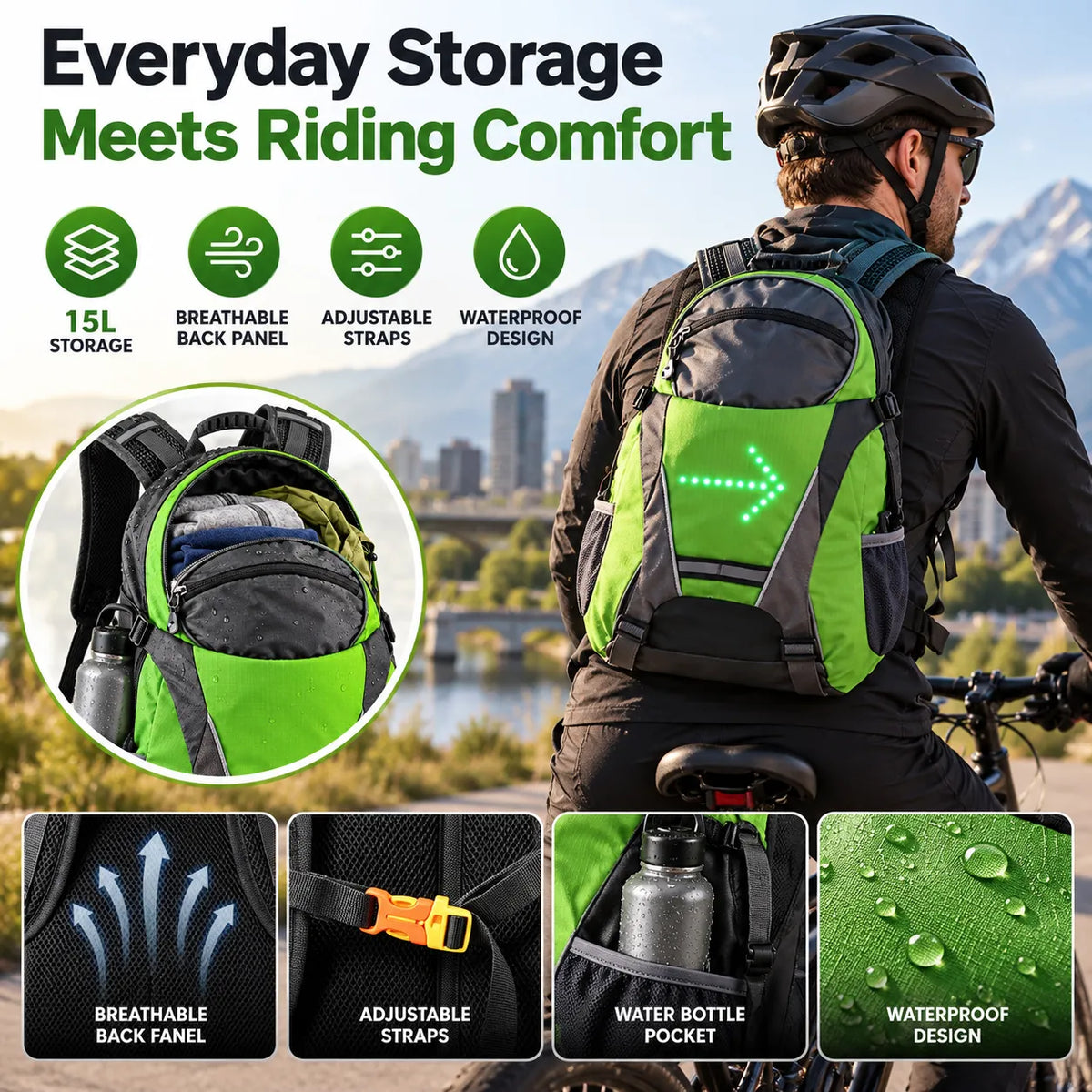 🎁LED Signal Backpack – 15L Waterproof Cycling Backpack with Wireless Turn Signal Remote