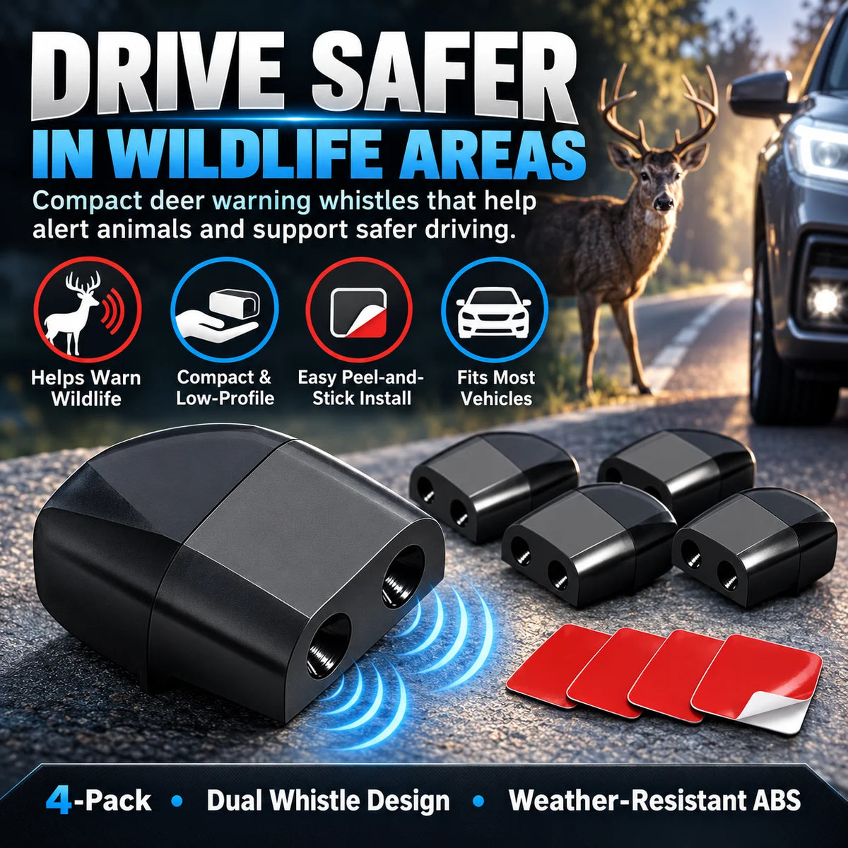 🎁4-Pack Dual Deer Warning Whistles – Compact Airflow-Activated Wildlife Alert for Cars, SUVs & Trucks