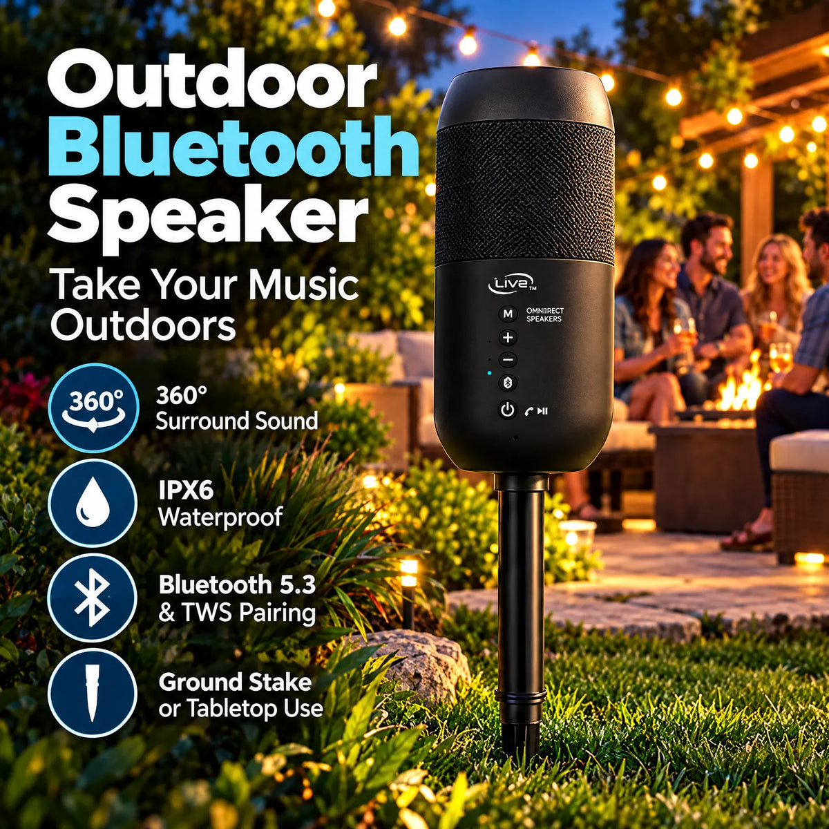 🎁Solar Powered Outdoor Bluetooth Speaker – 360° Sound, IPX6 Waterproof