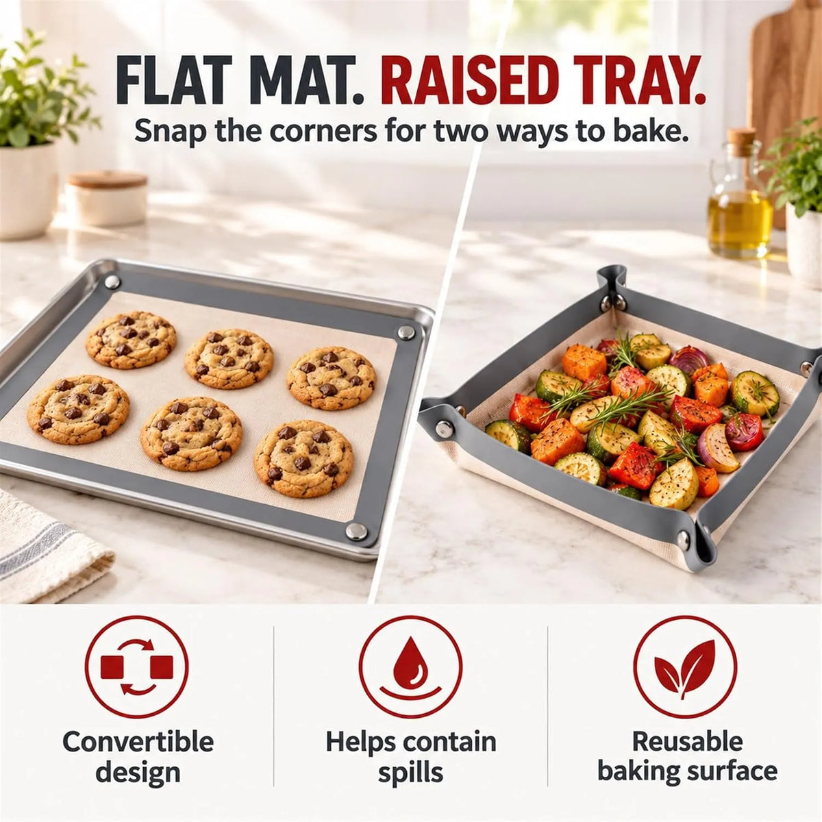 🎁Convertible Silicone Baking Mat with Snap Corners – Reusable Non-Stick Baking Tray Liner for Cookies, Bread, Vegetables & Pastry
