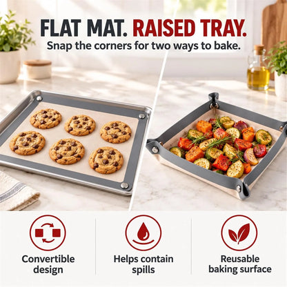 🎁Convertible Silicone Baking Mat with Snap Corners – Reusable Non-Stick Baking Tray Liner for Cookies, Bread, Vegetables & Pastry
