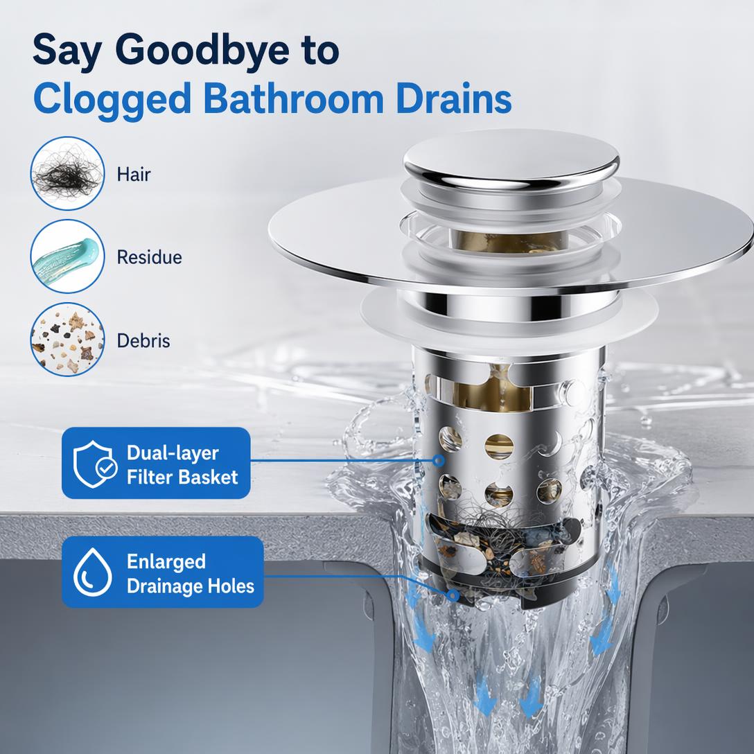 Universal 3-in-1 Bathroom Sink Drain Stopper with Removable Filter Basket