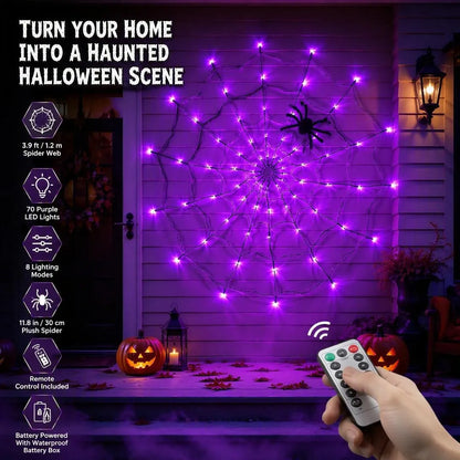 Purple LED Halloween Spider Web Lights With Spider