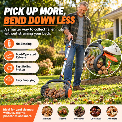 🎁Telescoping Nut Gatherer – Adjustable Rolling Nut & Fruit Collector