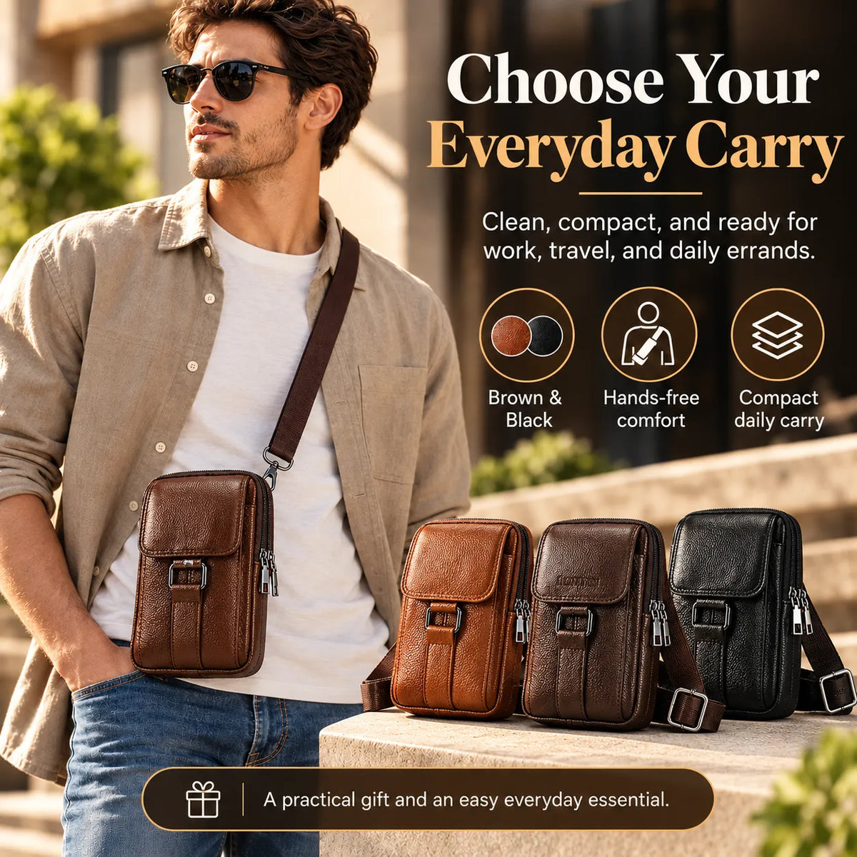 🎁Men’s Leather Phone Bag with 3 Compartments, Magnetic Flap & Adjustable Crossbody Strap