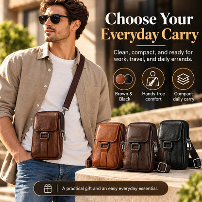 🎁Men’s Leather Phone Bag with 3 Compartments, Magnetic Flap & Adjustable Crossbody Strap
