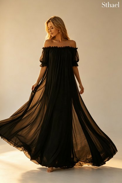 Obsidian Black Sheer Mesh Ruffle Nightgown