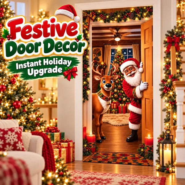 🎁Stretch Christmas Door Cover with Santa &amp; Reindeer Print