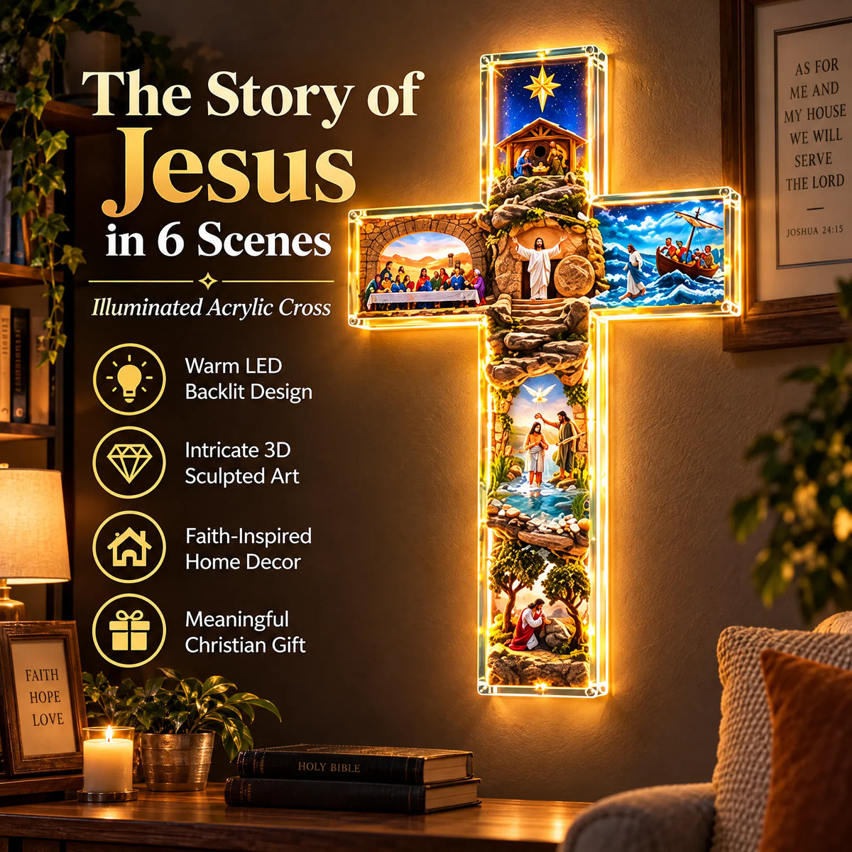 🎁Illuminated Biblical Story Cross With 6 Jesus Scenes
