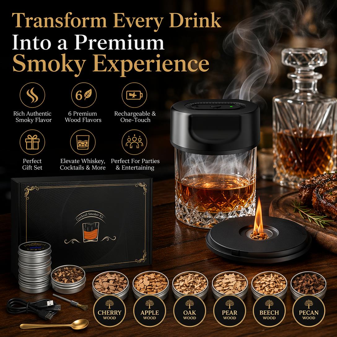 Electric Cocktail Smoker Kit – Rechargeable Whiskey Smoker with 6 Wood Chip Flavors