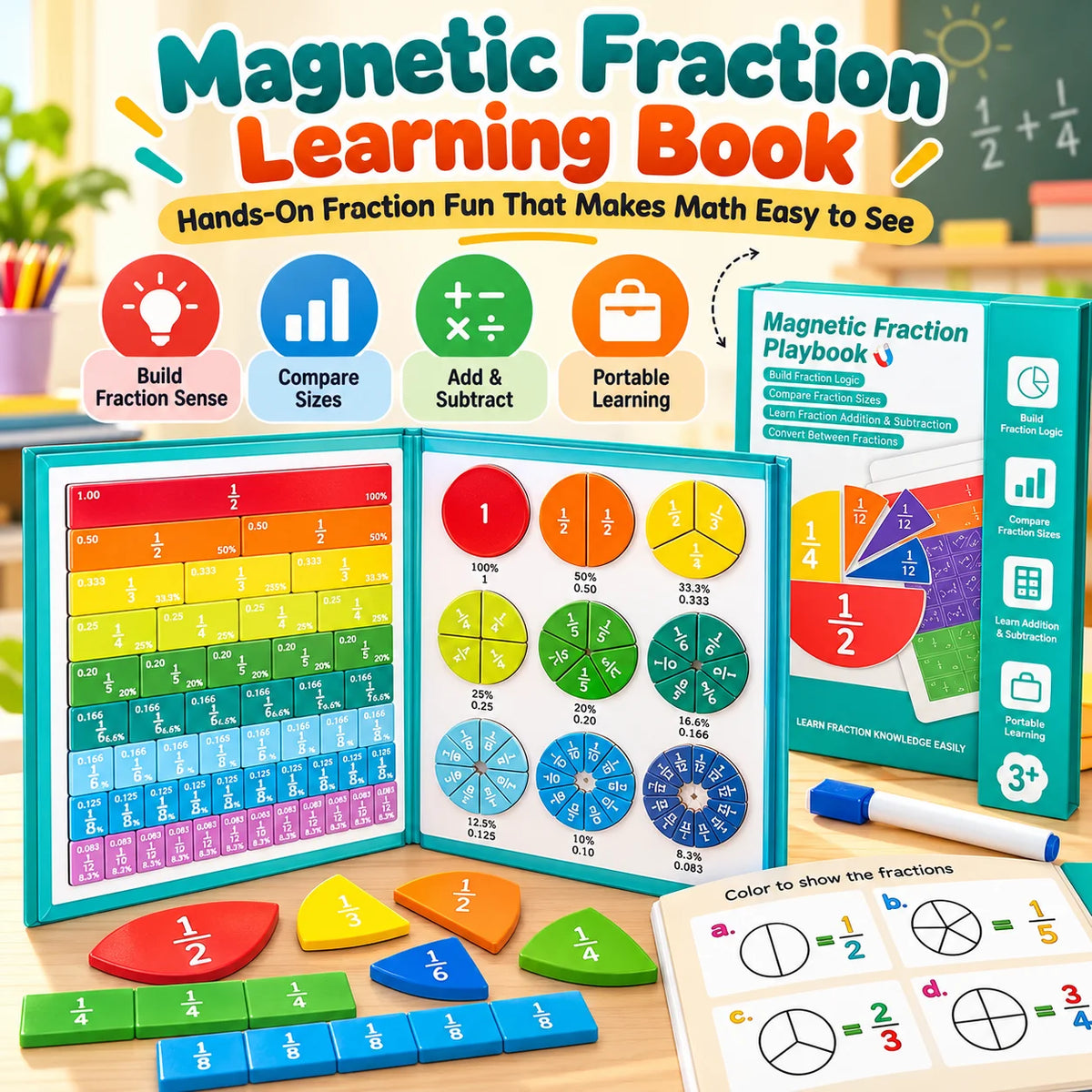 🎁Magnetic Fraction Learning Book – Hands-On Math Manipulative for Kids