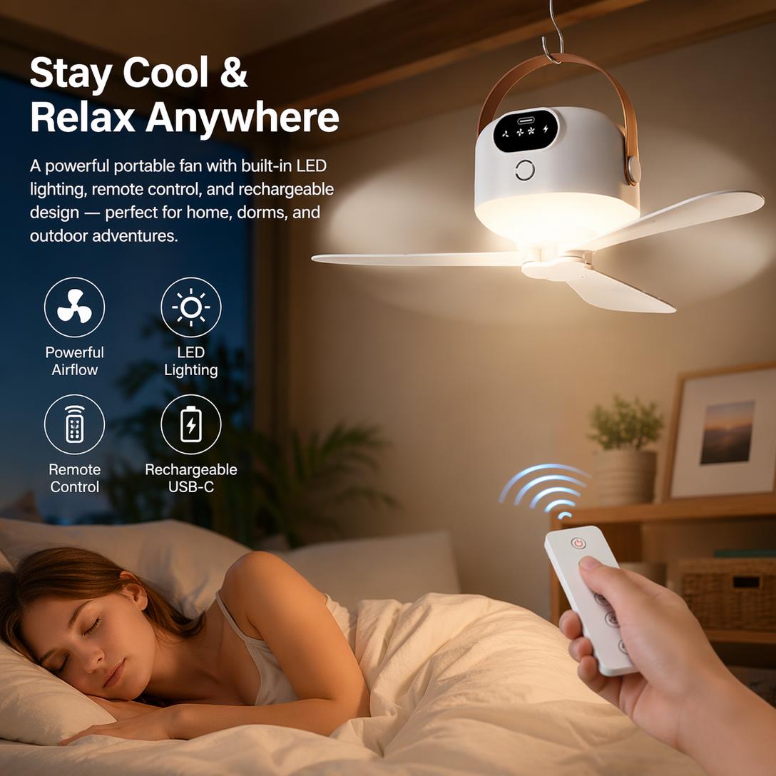 Rechargeable Portable Fan With LED Light & Remote Control