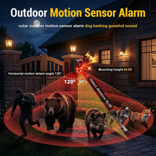 🎁Solar Motion Sensor Alarm with 130dB Siren, Flashing Light & Custom Recording